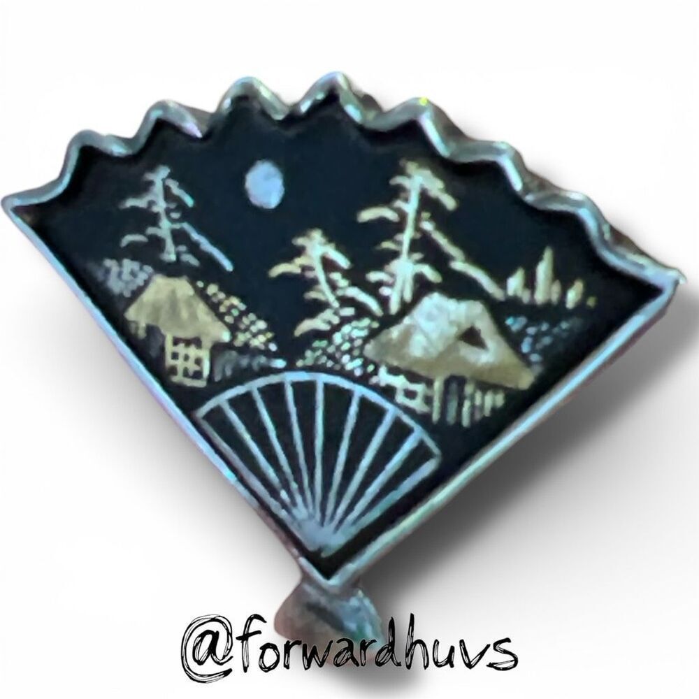 Japanese Damascene Fan Charm – Marked SILVER – Gold & Silver Landscape Inlay